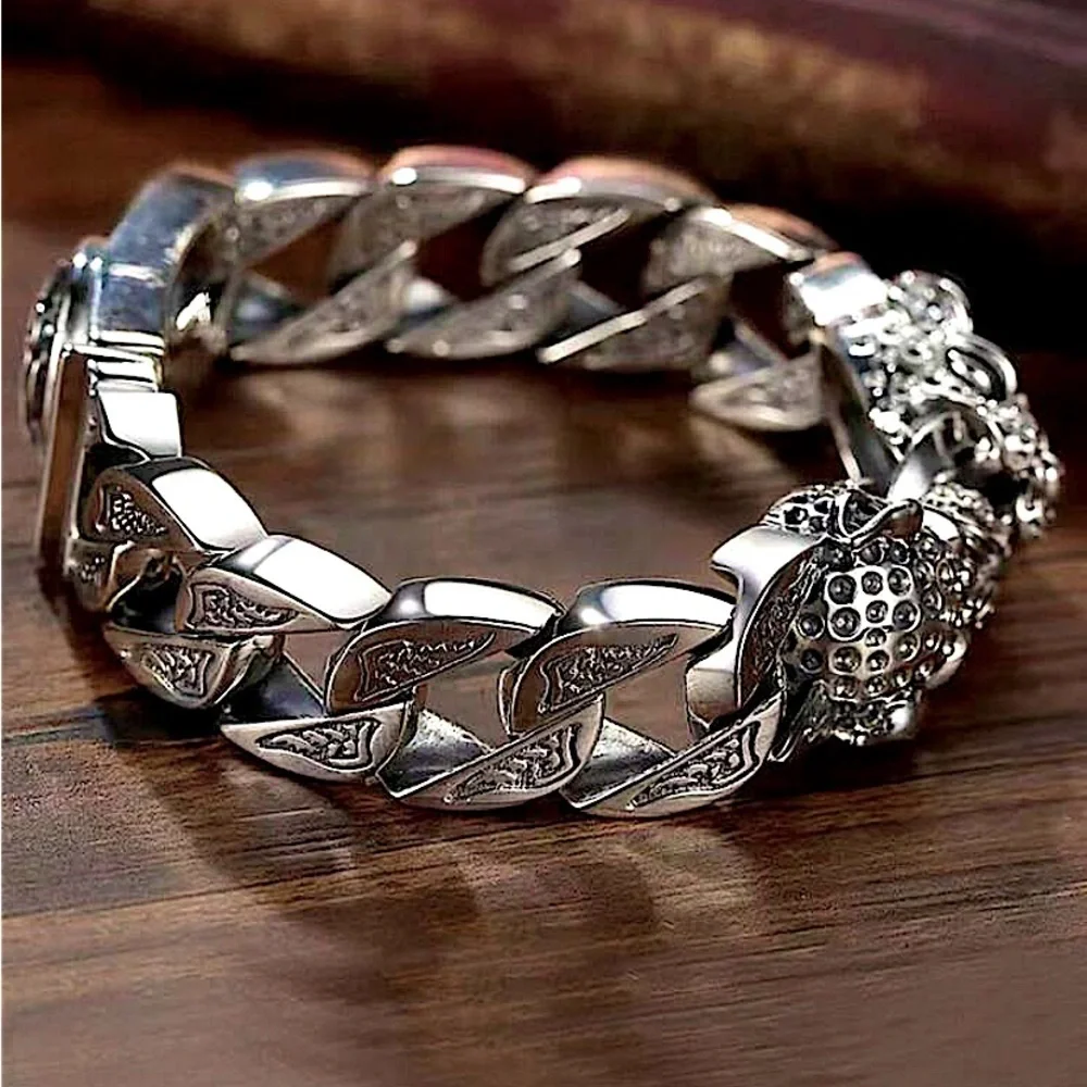 Stainless Steel Leopard Viking Bracelet, Double Headed, Norse, Horsetail, Chain